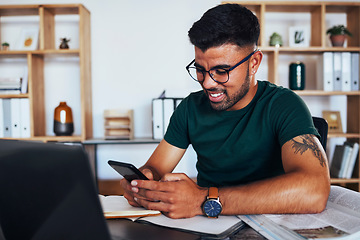 Image showing Study, phone and relax with man and laptop for social media, education and elearning. Remote work, freelancer and research with student browsing at home for education, technology and planning