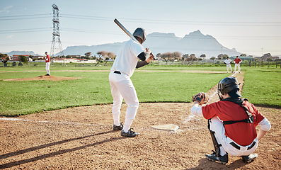 Image showing Baseball batter, game or sports man on field at competition, training match on a stadium pitch. Softball exercise, fitness workout or back view of players playing outdoors on grass field in summer
