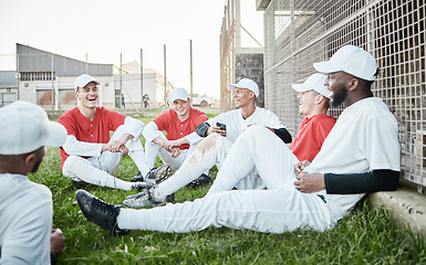 Image showing Baseball team, sport conversation and men talking on a stadium field with sports break. Diversity, softball group and friends with happiness and laughing outdoor before fitness, exercise and game