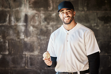 Image showing Sports, baseball and portrait of man with ball, smile and ready for game, match and practice in stadium. Softball mockup, motivation and happy player in dugout for training, exercise and competition