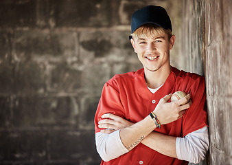 Image showing Baseball, sports and portrait of man athlete standing with ball before game, workout or training. Fitness, softball and happy male player from Canada before match, competition or practice at stadium.