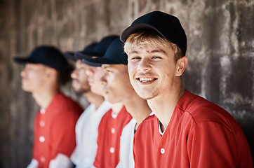 Image showing Baseball player, team and man with smile in portrait, sports and professional club with young athlete and fitness. Sport, happiness and exercise with active lifestyle, softball and training outdoor
