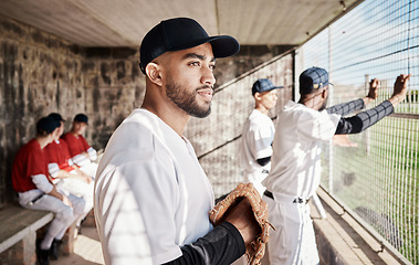 Image showing Baseball, sports and man with team in stadium watching games, practice match and competition on field. Fitness, teamwork and male athlete in dugout waiting for exercise, training and sport workout