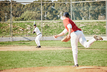 Image showing Baseball game, pitcher and man with bat on field for competition, sports and contest in summer. Outdoor sport games, men and softball for wellness, fitness or workout on grass for professional career