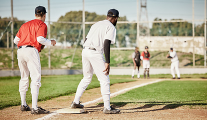 Image showing Sports, baseball and teamwork with men on field for training, competition matcha and exercise. Home run, focus and fitness with group of people playing in park stadium for pitcher, cardio and batter