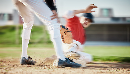 Image showing Baseball, sports and man slide on field for competition, game or practice outdoors. Training, workout and player, athlete or male base runner in action match, exercise and competitive tournament.