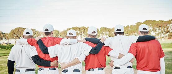 Image showing Back, teamwork and solidarity with a baseball group of people standing outdoor on a field for a game. Teamwork, support and training with friends or teammates in unity on a pitch for sports in summer