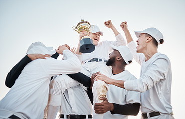 Image showing Baseball team, trophy win and men with award from teamwork, game and fitness. Winner, diversity and happy collaboration of excited athlete group together with competition achievement outdoor