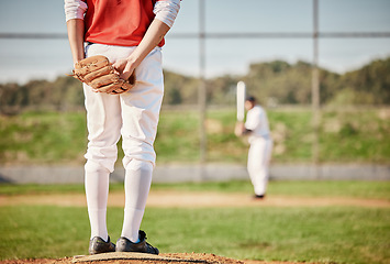 Image showing Sports, baseball and male athlete on the pitch playing a game, exercise or training on the field. Fitness, catcher and man softball player at a match, exercise or practice at an outdoor arena.