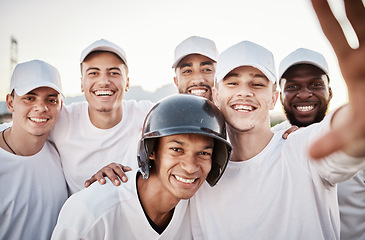 Image showing Teamwork, happy and selfie with baseball player on field for training, fitness and social media post. Smile, friends and sports with portrait of group of people for workout, diversity and picture