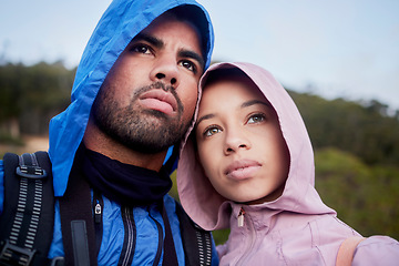 Image showing Fitness, thinking and couple in nature for hiking, workout and walking on the mountain in Peru. Idea, young and man and woman with a plan, thoughtful and contemplation while on a morning walk