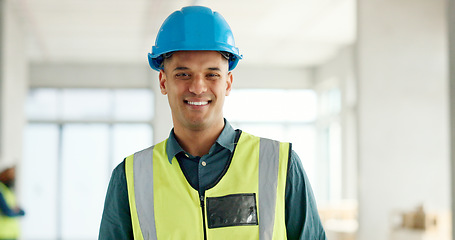 Image showing Construction, building and construction worker, man and smile in portrait, employee at construction site with work vest and safety helmet. Working, architecture industry and renovation job.