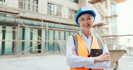 Image showing Architecture, engineer and business woman in construction site portrait for office building or commercial property development. Proud civil engineering manager, construction worker or contractor boss