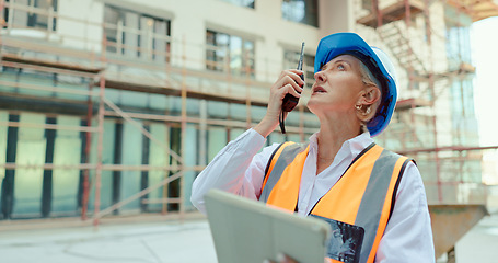 Image showing Construction worker, call or architect woman with tablet for networking, communication or planning in construction site. Logistics, industrial or employee with leadership for engineering strategy