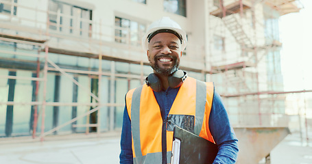 Image showing Construction, black man and clipboard, building and inspection, manage work at job site, construction worker and inspector smile in portrait. Engineer, builder and scaffolding for renovation.