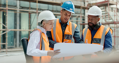 Image showing Construction, inspection and clipboard, black man and woman discussion, construction site with scaffolding and building renovation checklist. Contractor with inspector, engineering and communication.