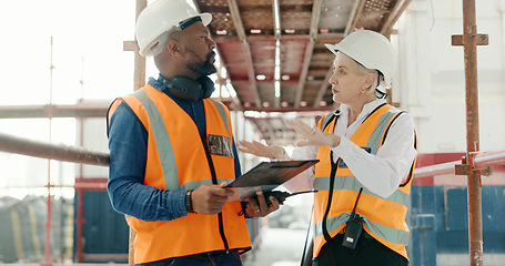 Image showing Construction, inspection and clipboard, black man and woman discussion, construction site with scaffolding and building renovation checklist. Contractor with inspector, engineering and communication.