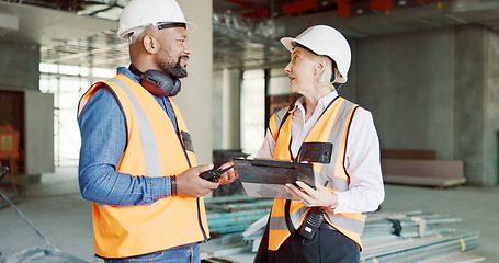 Image showing Construction, inspection and clipboard, black man and woman discussion, construction site with scaffolding and building renovation checklist. Contractor with inspector, engineering and communication.