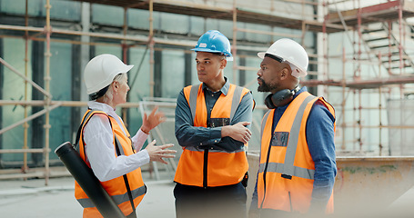 Image showing Construction workers, building engineers or tablet in teamwork planning, architecture innovation or property engineering. Smile, happy or talking builder diversity men or woman with technology design