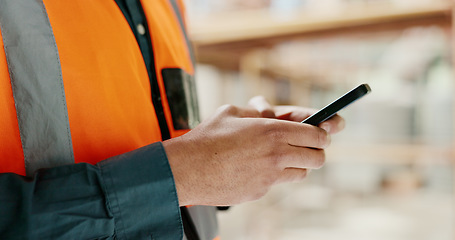 Image showing Social media, internet and hands of an architect with a phone for communication, construction website and building app. Construction worker working on a mobile, typing on web and doing search on site