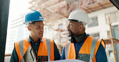 Image showing Construction, builder and talking for blueprint, planning and architecture of building, property or development. Construction worker, paper and teamwork for black man, manager and conversation at job