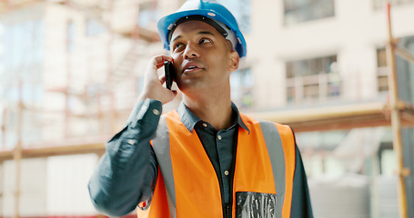 Image showing Phone call, construction site and engineer man talking for architecture planning, building project and industrial development. Builder contractor or worker cellphone conversation for property update