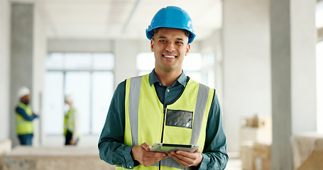 Image showing Architect, building engineering or construction worker with tablet real estate ideas, property vision or office building internet design. Portrait, smile or happy builder with architecture technology