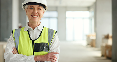 Image showing Senior woman, architect and smile with arms crossed in success for industrial architecture or construction site. Portrait of confident elderly female engineer or building contractor smiling at work