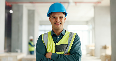 Image showing Construction, building and construction worker, man and smile in portrait, employee at construction site with work vest and safety helmet. Working, architecture industry and renovation job.