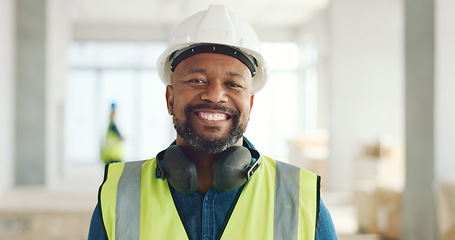 Image showing Construction, building and construction worker, man and smile in portrait, employee at construction site with work vest and safety helmet. Working, architecture industry and renovation job.