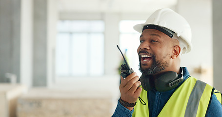 Image showing Construction site, walkie talkie and engineer black man for architecture planning, contractor staff management and office building. Architect or builder with property development communication update