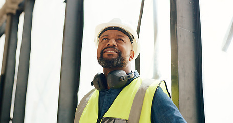 Image showing Architecture, thinking and construction site manager building a development property project and safety inspection. Engineering, management and African contractor monitoring or checking progress