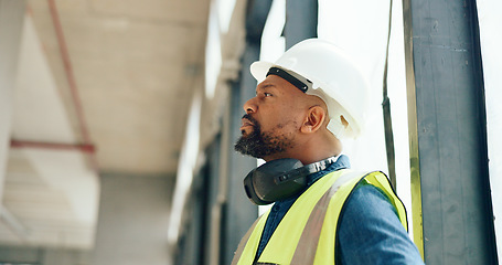 Image showing Architecture, thinking and construction site manager building a development property project and safety inspection. Engineering, management and African contractor monitoring or checking progress