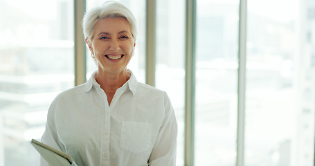 Image showing Phone call, communication and business woman in office building window for online negotiation, legal discussion or conversation about company trust. Senior executive, boss or client talking on phone