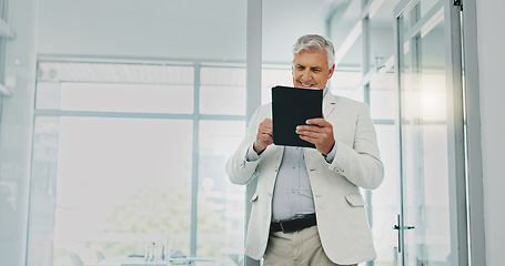 Image showing Email, happy and businessman with a tablet for communication, reading chat and website feedback. Contact, internet and corporate employee with technology for news update, schedule and online planning