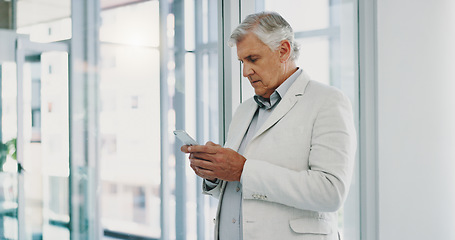 Image showing Email, happy and businessman with a phone for communication, reading chat and website feedback. Contact, internet and corporate employee with technology for news update, schedule and online planning