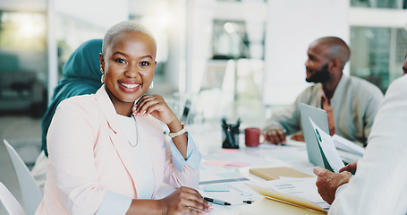 Image showing Leadership, portrait or black woman face for team building meeting for documents, planning schedule or review success. Happy, employee or manager with team for marketing company data analysis growth