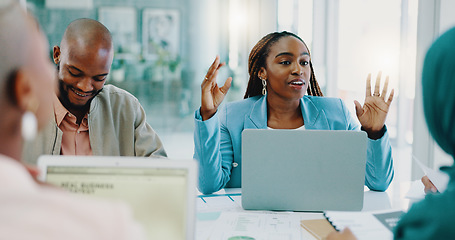 Image showing Business meeting, diversity team and people talking, planning and brainstorming in collaboration at corporate office. Accounting inclusion men and women at table for finance, budget report and growth