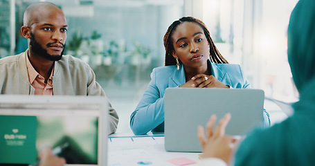 Image showing Business meeting, diversity team and people talking, planning and brainstorming in collaboration at corporate office. Accounting inclusion men and women at table for finance, budget report and growth