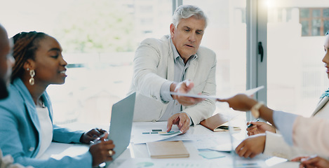 Image showing Business meeting, diversity team and people talking, planning and brainstorming in collaboration at corporate office. Accounting inclusion men and women at table for finance, budget report and growth