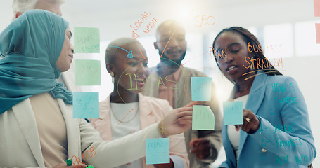 Image showing Meeting, planning and sticky notes on glass in the office with a diversity business team planning strategy. Teamwork, collaboration and coaching with a black woman leader teaching her staff at work