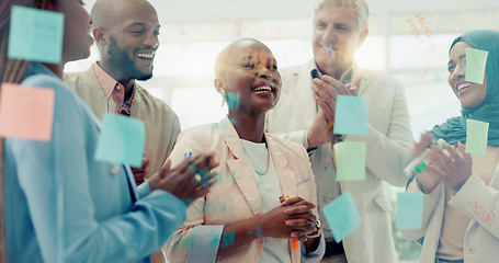 Image showing Black woman, leadership success and post it, applause for business meeting, goal planning strategy and corporate happiness in office. African business woman, leader achievement and employees teamwork