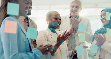 Image showing Meeting, planning and sticky notes on glass in the office with a diversity business team planning strategy. Teamwork, collaboration and coaching with a black woman leader teaching her staff at work