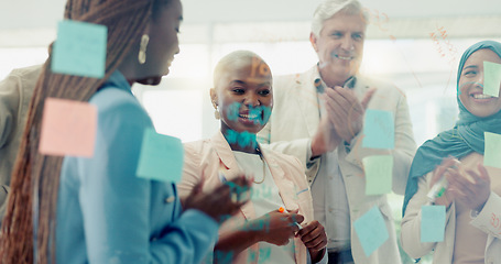 Image showing Black woman, leadership success and post it, applause for business meeting, goal planning strategy and corporate happiness in office. African business woman, leader achievement and employees teamwork