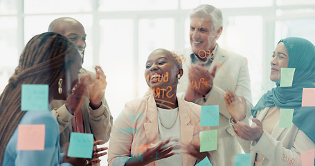 Image showing Meeting, planning and sticky notes on glass in the office with a diversity business team planning strategy. Teamwork, collaboration and coaching with a black woman leader teaching her staff at work