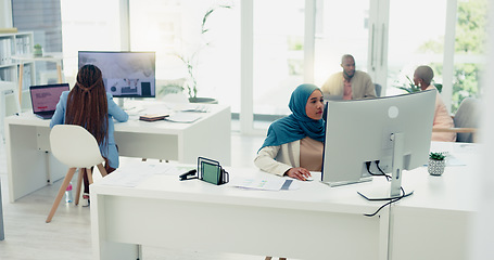 Image showing Computer, documents or Muslim startup woman research review, data analysis or company KPI growth report. Technology, creative or female employee typing calendar agenda, marketing or social media SEO
