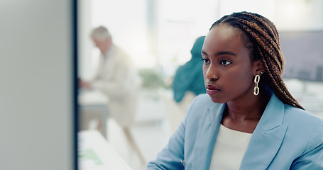 Image showing Business, computer and working black woman in office reading, typing and review online marketing strategy. Research, technology and female employee with focus, concentration and busy with project