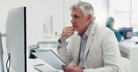 Image showing Thinking senior businessman by computer reading sales email in office workplace. Mental health, burnout and tired elderly male employee with migraine, fatigue or depression from overwork.