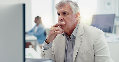 Image showing Stress, headache and senior businessman by computer reading sales email in office workplace. Mental health, burnout and tired elderly male employee with migraine, fatigue or depression from overwork.