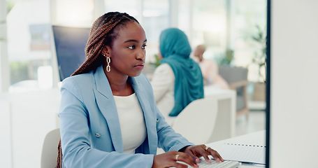 Image showing Documents, computer and business black woman in office for financial review, kpi analysis and company audit, tax or sales report. Accounting paperwork, focus corporate worker and finance job strategy